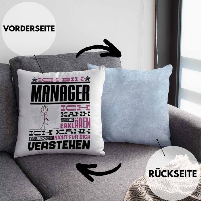 Manager Geschenk Kissen mit Füllung 40x40 Geschenkidee für Manager Geburtstag Lustiger Spruch Ich Bin Manager Ich Kann Es Dir Erklären Aber Nicht Für Dich Verstehen (Grau) Blau Trendation