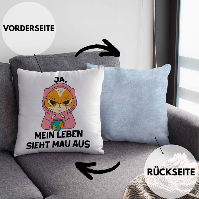 Dank Meme Kissen mit Füllung 40x40 Katzen Besitzer Wortspiel Ja Mein Leben Sieht Mau Aus Traurige Katze Geschenkidee Saure Katze Astronaut (Grau) Blau Trendation