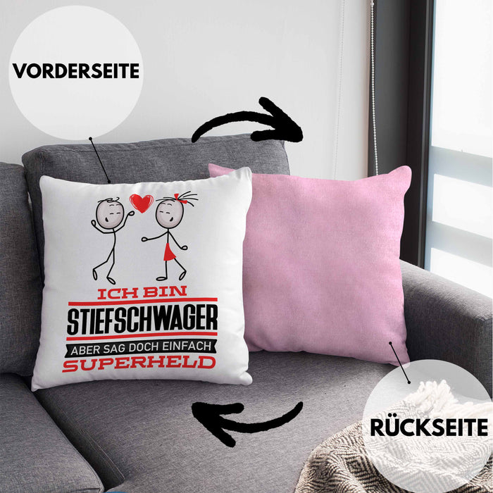 Stiefschwager Geschenk Kissen mit Füllung 40x40 Ich Bin Stiefschwager Aber Sag Doch Einfach Superheld Lustige Geschenkdiee für Stiefschwager (Grau) Rosa Trendation
