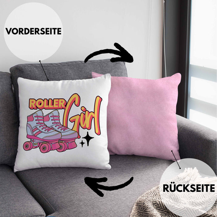 Lustige Rollschuh Kissen mit Füllung 40x40 Geschenk für Roller Girls "Roller Girl" Nostalgie 80er 90er Jahre (Grau) Rosa Trendation