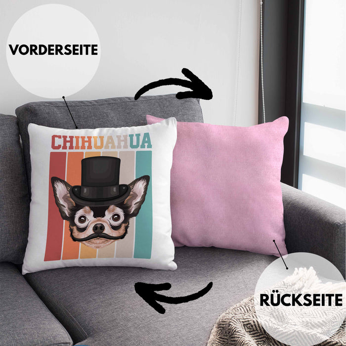 Chihuahua Besitzer Kissen mit Füllung 40x40 Geschenk Lustiger Spruch Geschenkidee Retro Vinatge Chihuahua (Grau) Rosa Trendation