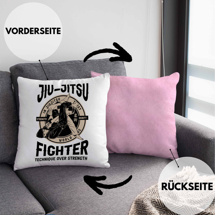 Jiu Jitsu Kissen mit Füllung 40x40 Geschenk für Kampfsportler Geschenkidee Technik über Stärke Spruch (Grau) Rosa Trendation