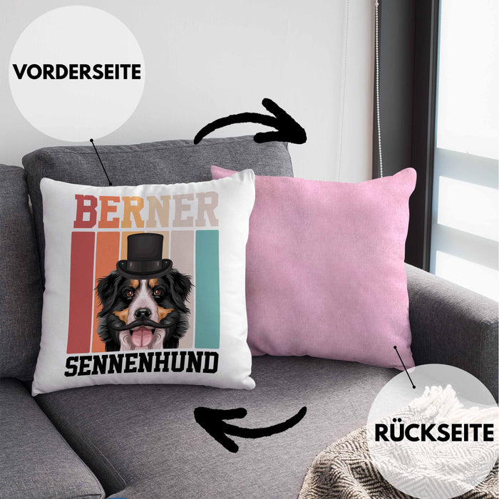 Berner Sennen Besitzer Kissen mit Füllung 40x40 Geschenk Lustiger Spruch Geschenkidee Retro Vinatge Berner Sennen (Grau) Rosa Trendation
