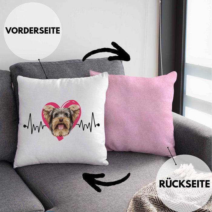 Yorkie Besitzer Kissen mit Füllung 40x40 Geschenk Lustiger Spruch Geschenkidee Herzschlag Yorkie (Grau) Rosa Trendation