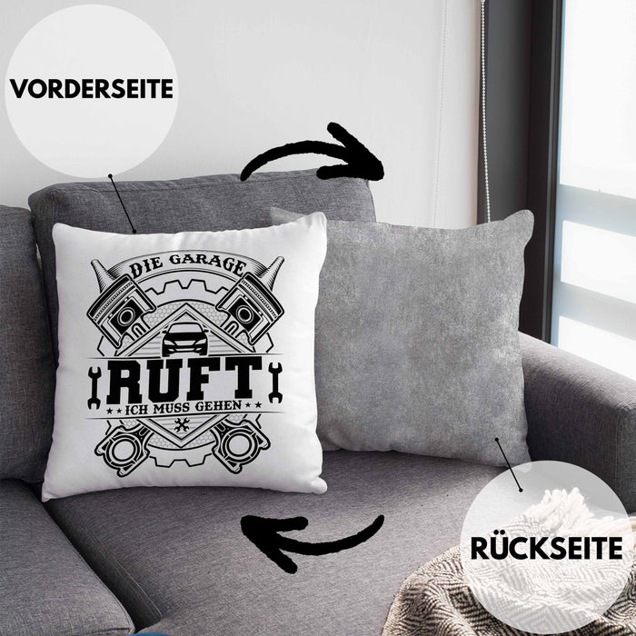 KFZ Mechaniker Kissen mit Füllung 40x40 Geschenk Spruch Männer KFZ Mechatroniker Geschenkidee Werkstatt Die Garage Ruft (Grau) Grau Trendation
