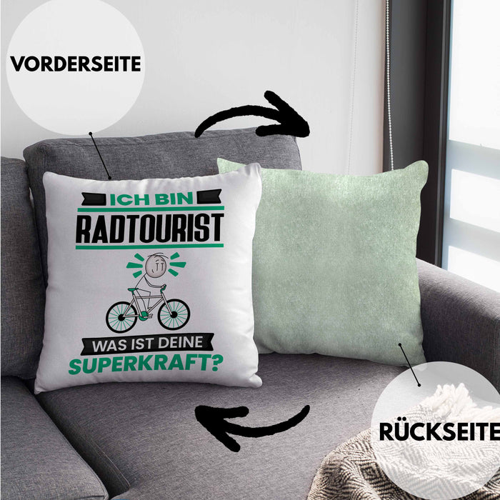 Radtourist Kissen mit Füllung 40x40 Geschenk für Radtourist Geburtstag Lustiger Spruch Was Ist Deine Superkraft (Grau) Grün Trendation