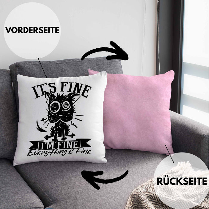 Lustige Kissen mit Füllung 40x40 Geschenk It's Fine I'm Fine Everything Is Fine Geschenkidee Frauen Sarkasmus Humor (Grau) Rosa Trendation