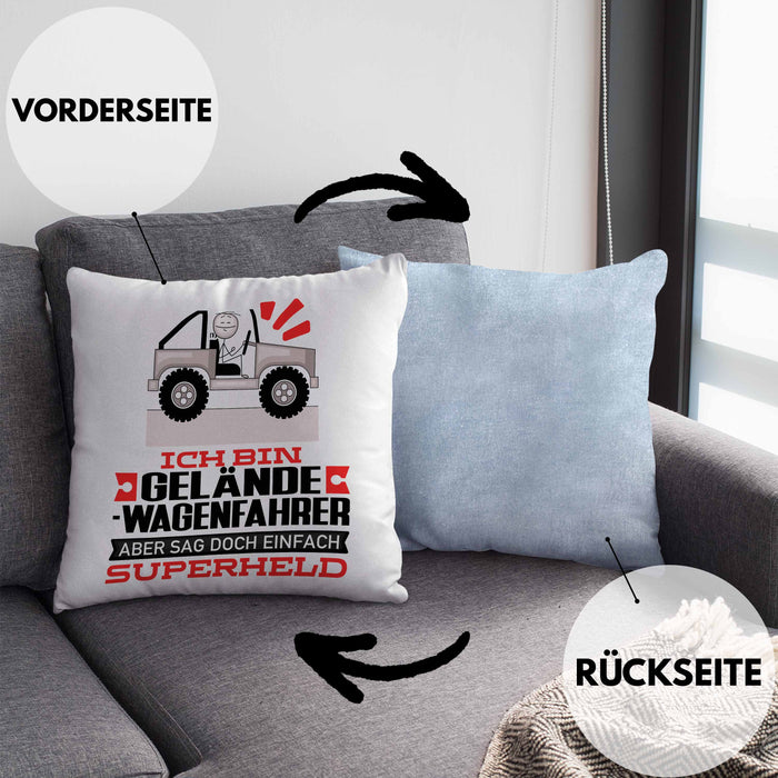 Geländewagenfahrer Geschenk Kissen mit Füllung 40x40 Ich Bin Geländewagenfahrer Aber Sag Doch Einfach Superheld Lustige Geschenkdiee für Geländewagenfahrer (Grau) Blau Trendation