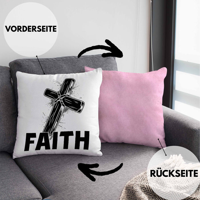 Faith Kissen mit Füllung 40x40 Geschenk Jesus Glauben Geschenkidee Kirche Ostern Christentum Häferl (Grau) Rosa Trendation