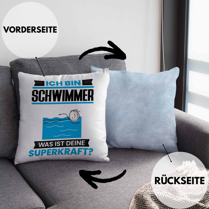 Schwimmer Kissen mit Füllung 40x40 Geschenk für Schwimmer Geburtstag Lustiger Spruch Was Ist Deine Superkraft (Grau) Blau Trendation