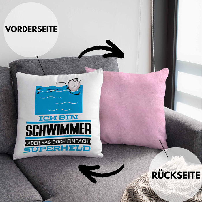Schwimmer Geschenk Kissen mit Füllung 40x40 Ich Bin Schwimmer Aber Sag Doch Einfach Superheld Lustige Geschenkdiee für Schwimmer (Grau) Rosa Trendation