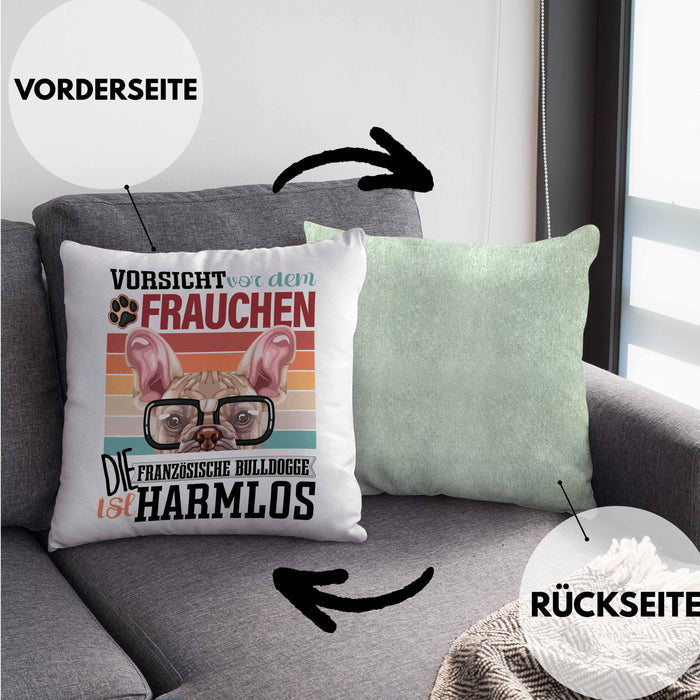 Französische Bulldogge Besitzerin Frauchen Kissen mit Füllung 40x40 Geschenk Lustiger Spruch Geschenkidee Vorsicht Vor Dem Frauchen (Grau) Grün Trendation