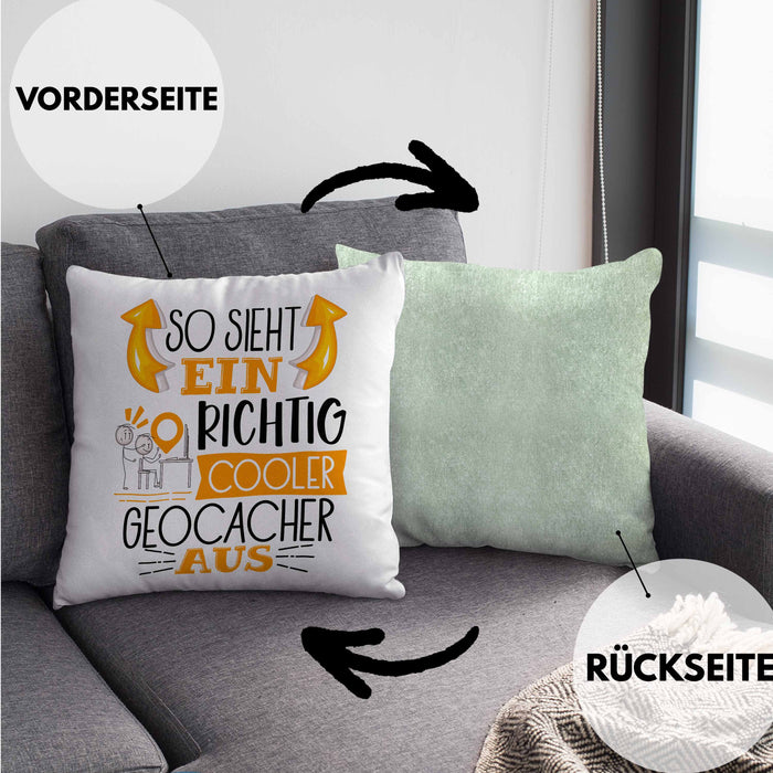So Sieht Ein Richtig Cooler Geocacher Aus Geschenk Kissen mit Füllung 40x40 Lustiger Spruch Geschenkidee (Grau) Grün Trendation