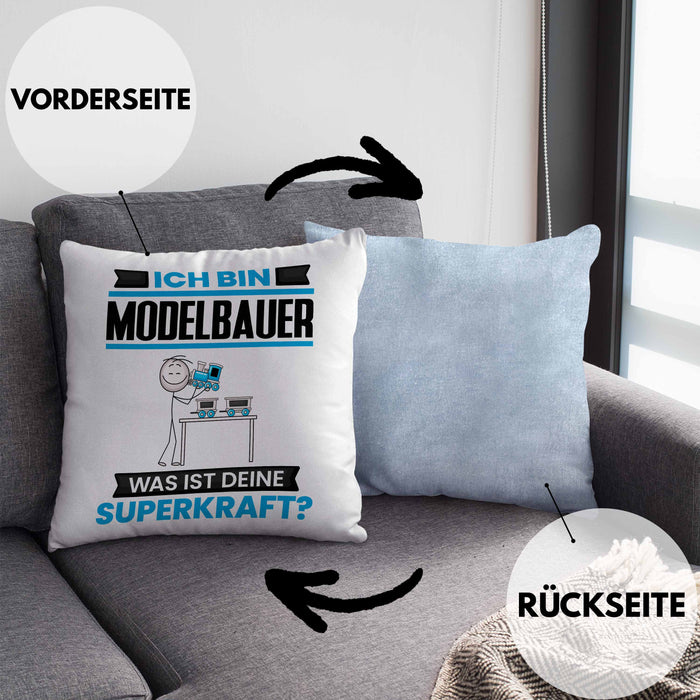 Modelbauer Kissen mit Füllung 40x40 Geschenk für Modelbauer Geburtstag Lustiger Spruch Was Ist Deine Superkraft (Grau) Blau Trendation