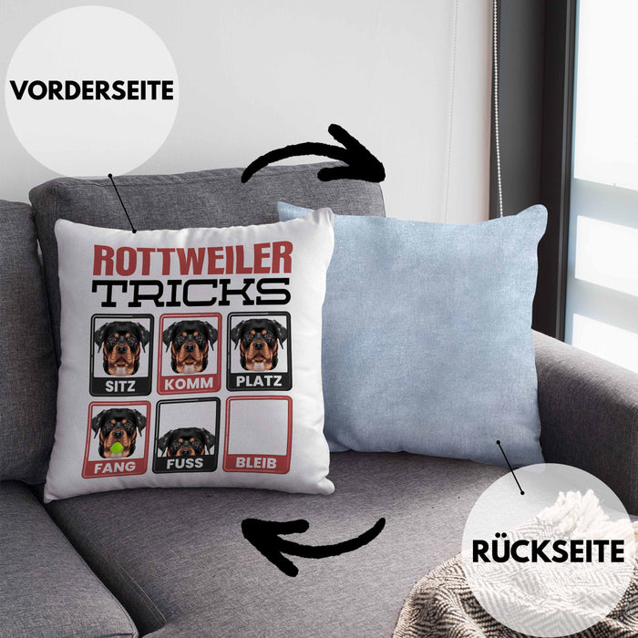 Rottweiler Besitzer Kissen mit Füllung 40x40 Geschenk Lustiger Spruch Geschenkidee Rottweiler Tricks Bleib (Grau) Blau Trendation
