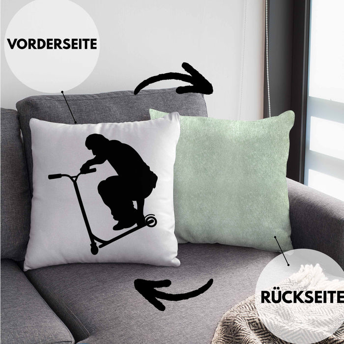 Scooter Roller Fahrer Geschenk Kissen mit Füllung 40x40 Scooterfahrer Geschenkidee Scooting Geschenkidee Jungs Profi Scooterfahrer Stunt (Grau) Grün Trendation