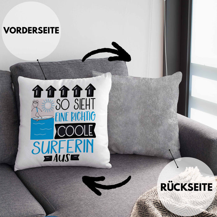 Surferin Geschenk Kissen mit Füllung 40x40 Lustig Geschenkidee für Surferin Geburtstag So Sieht Eine Richtig Coole Surferin Aus Frauen Spruch (Grau) Grau Trendation