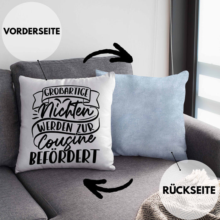 Cousine Kissen mit Füllung 40x40 Geschenk Großartige Nichten Werden Zur Cousine Befördert (Grau) Blau Trendation