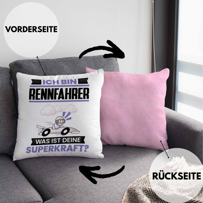 Rennfahrer Kissen mit Füllung 40x40 Geschenk für Rennfahrer Geburtstag Lustiger Spruch Was Ist Deine Superkraft (Grau) Rosa Trendation