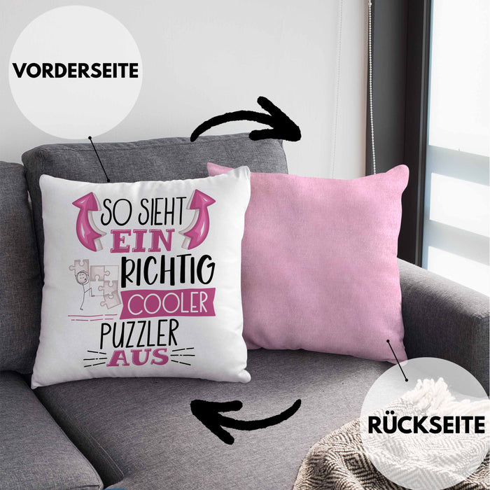So Sieht Ein Richtig Cooler Puzzler Aus Geschenk Kissen mit Füllung 40x40 Lustiger Spruch Geschenkidee (Grau) Rosa Trendation