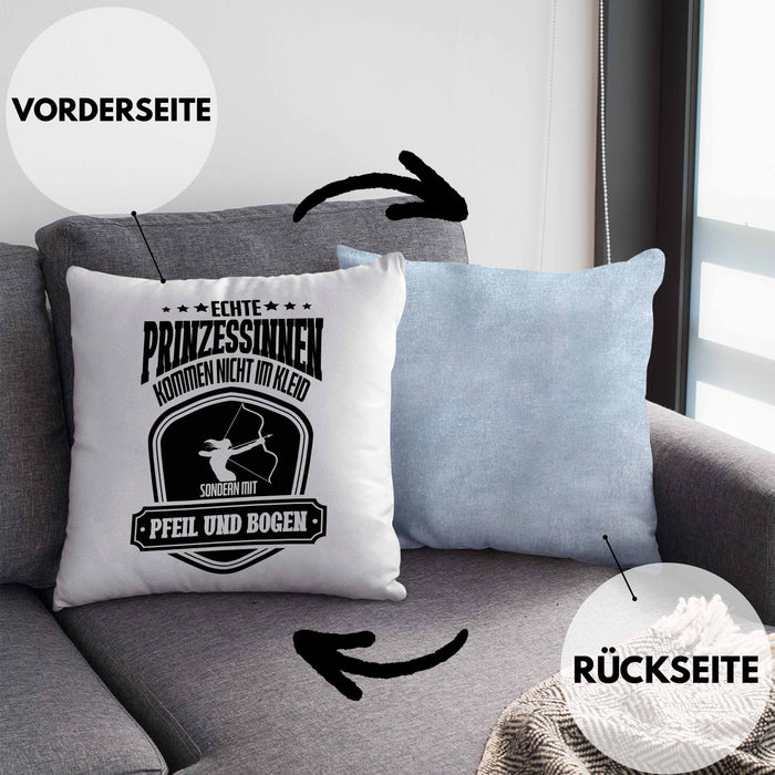 Lustige Bogenschützin Kissen mit Füllung 40x40 mit Spruch Geschenk Frauen Bogenschießen Pfeil und Bogen Motiv (Grau) Blau Trendation