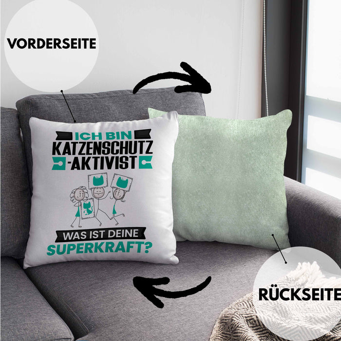 Katzenschutzaktivist Kissen mit Füllung 40x40 Geschenk für Katzenschutzaktivist Geburtstag Lustiger Spruch Was Ist Deine Superkraft (Grau) Grün Trendation