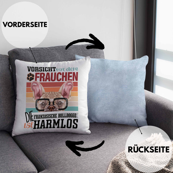 Französische Bulldogge Besitzerin Frauchen Kissen mit Füllung 40x40 Geschenk Lustiger Spruch Geschenkidee Vorsicht Vor Dem Frauchen (Grau) Blau Trendation