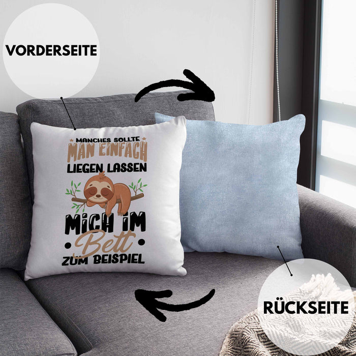 Faultier Kissen mit Füllung 40x40 Geschenk Faullenzer Manches Sollte Man Einfach Liegen Lassen Mich Im Bett Zum Beispiel Freundin Geschenkidee (Grau) Blau Trendation