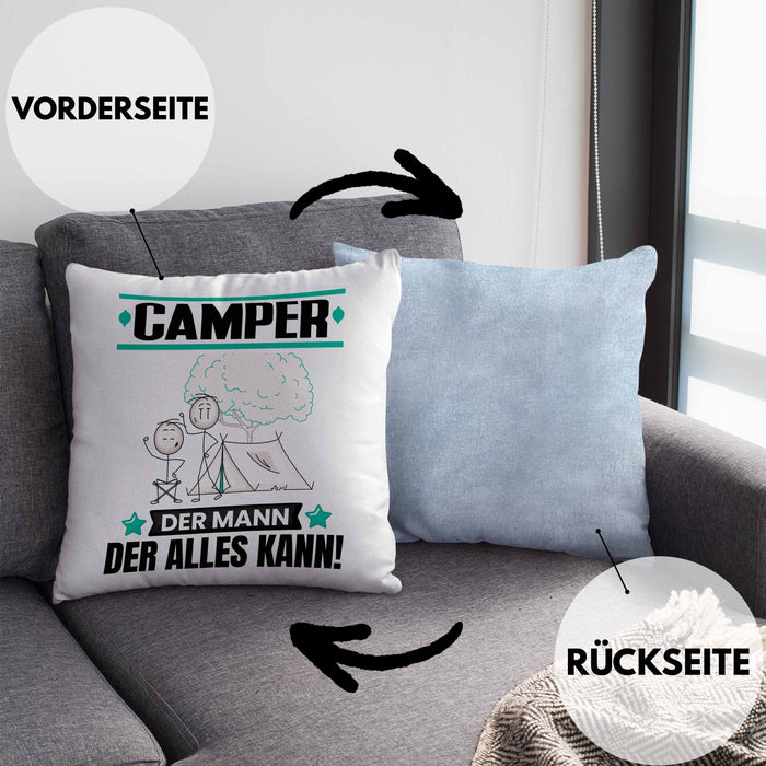 Camper Kissen mit Füllung 40x40 Geschenk für Camper Der Mann Der Alles Kann Geschenkidee zum Geburtstag (Grau) Blau Trendation