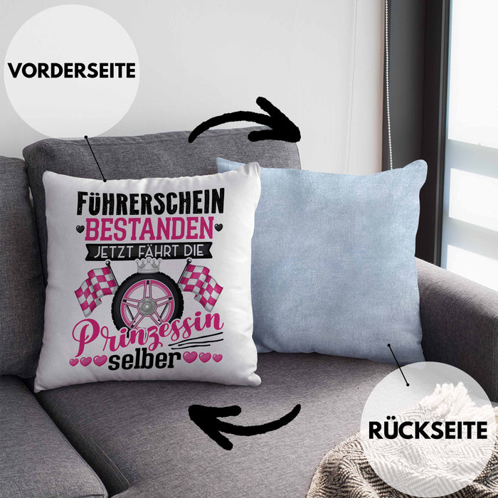 Führerschein Bestanden Geschenk Kissen mit Füllung 40x40 Bestandener Führerschein Jetzt Fährt Die Prinzessin Selber Motorrad Bike Fahrschule (Grau) Blau Trendation