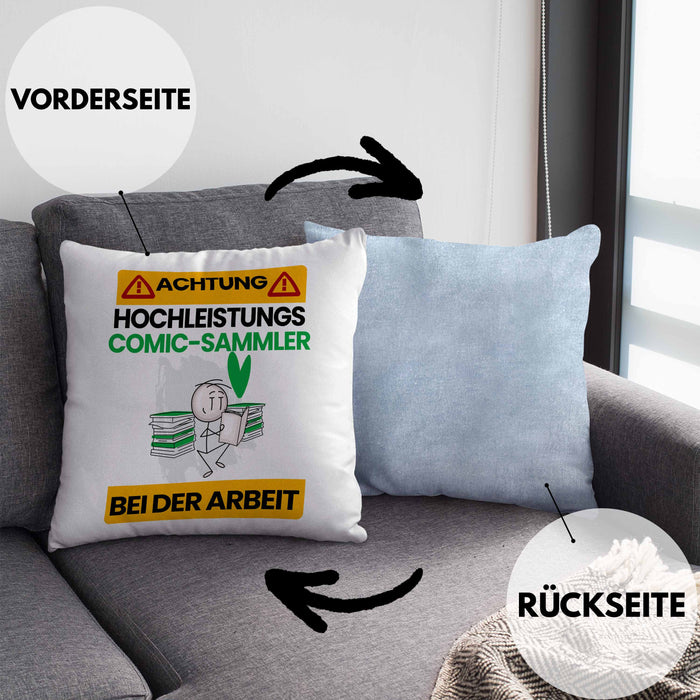 Comic-Sammler Kissen mit Füllung 40x40 Geschenk Lustiger Spruch Geschenkidee für Comic-Sammler Achtung Hochleistungs Comic-Sammler Bei Der Arbeit (Grau) Blau Trendation