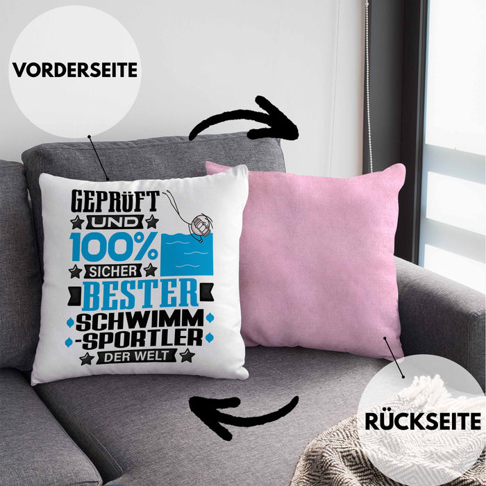 Schwimmsportler Geschenk Lustiger Spruch für Schwimmsportler Geschenkidee Bester Schwimmsportler Der WeltKissen mit Füllung 40x40 (Grau) Rosa Trendation