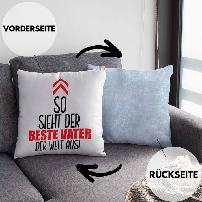 Vater Kissen mit Füllung 40x40 Geschenk Lustiger Spruch So Sieht Der Beste Papa Der Welt Aus Geschenkidee Geburtstag Vatertag (Grau) Blau Trendation