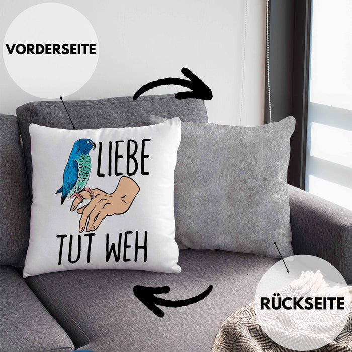 Lustige Wellensittich-Kissen mit Füllung 40x40 Geschenk für Wellensittich-Besitzer Liebe Tut Weh (Grau) Grau Trendation