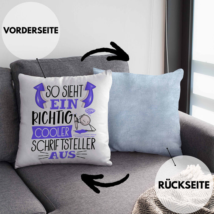 Schriftsteller Autor Kissen mit Füllung 40x40 Geschenk So Sieht Ein RIchtig Cooler Schriftsteller Autor Aus Geschenkidee Lustiger Spruch Geburtstag (Grau) Blau Trendation