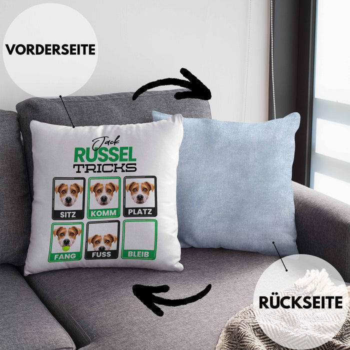 Jack Russel Besitzer Kissen mit Füllung 40x40 Geschenk Lustiger Spruch Geschenkidee Jack Russel Tricks Bleib (Grau) Blau Trendation