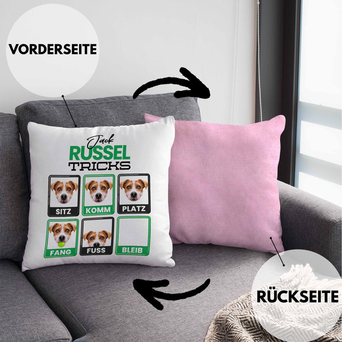 Jack Russel Besitzer Kissen mit Füllung 40x40 Geschenk Lustiger Spruch Geschenkidee Jack Russel Tricks Bleib (Grau) Rosa Trendation
