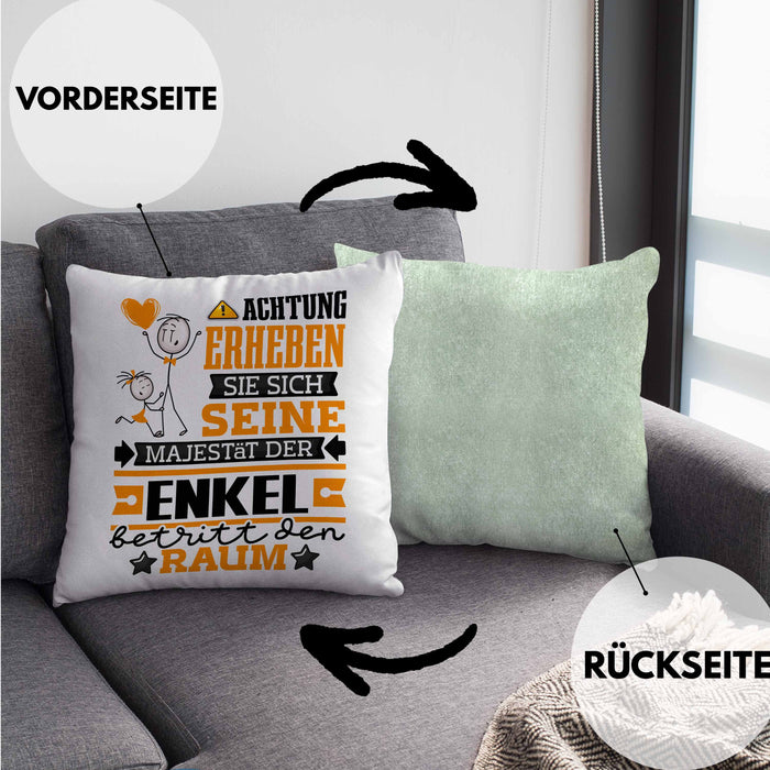 Enkel Geschenk Kissen mit Füllung 40x40 Lustiger Spruch Erheben Sie Sich Der Enkel Betritt den Raum (Grau) Grün Trendation
