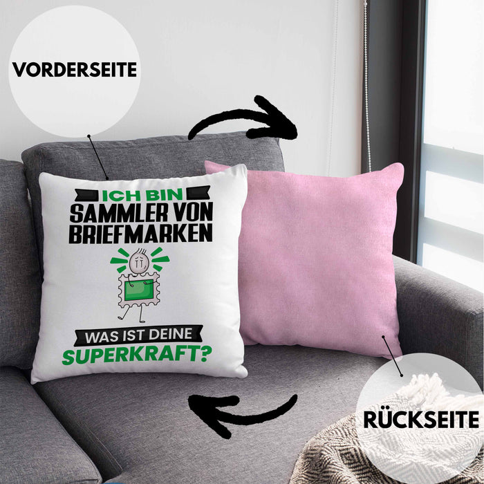 Sammler von Briefmarken Kissen mit Füllung 40x40 Geschenk für Sammler von Briefmarken Geburtstag Lustiger Spruch Was Ist Deine Superkraft (Grau) Rosa Trendation