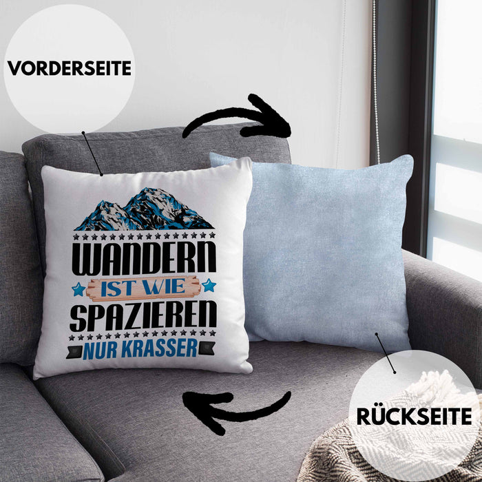 Wandern Kissen mit Füllung 40x40 Geschenk Spruch Wandern Wandern Ist Wie Spazieren Nur Krasser Kaffee Wandern Berge (Grau) Blau Trendation