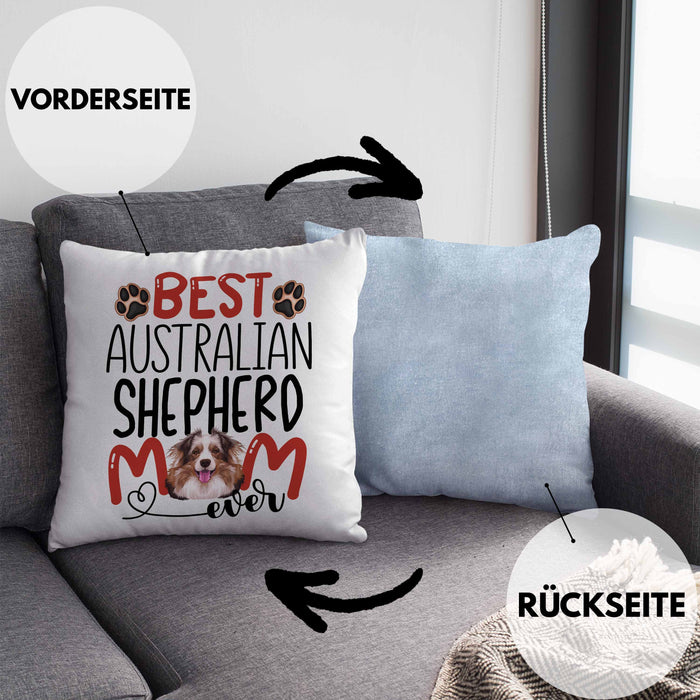 Australian Shepherd Mom Besitzerin Kissen mit Füllung 40x40 Geschenk Lustiger Spruch Geschenkidee Besitzerin Australian Shepherd Mama (Grau) Blau Trendation