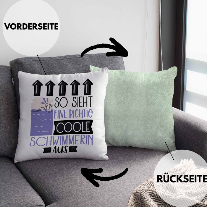 Schwimmerin Geschenk Kissen mit Füllung 40x40 Lustig Geschenkidee für Schwimmerin Geburtstag So Sieht Eine Richtig Coole Schwimmerin Aus Frauen Spruch (Grau) Grün Trendation