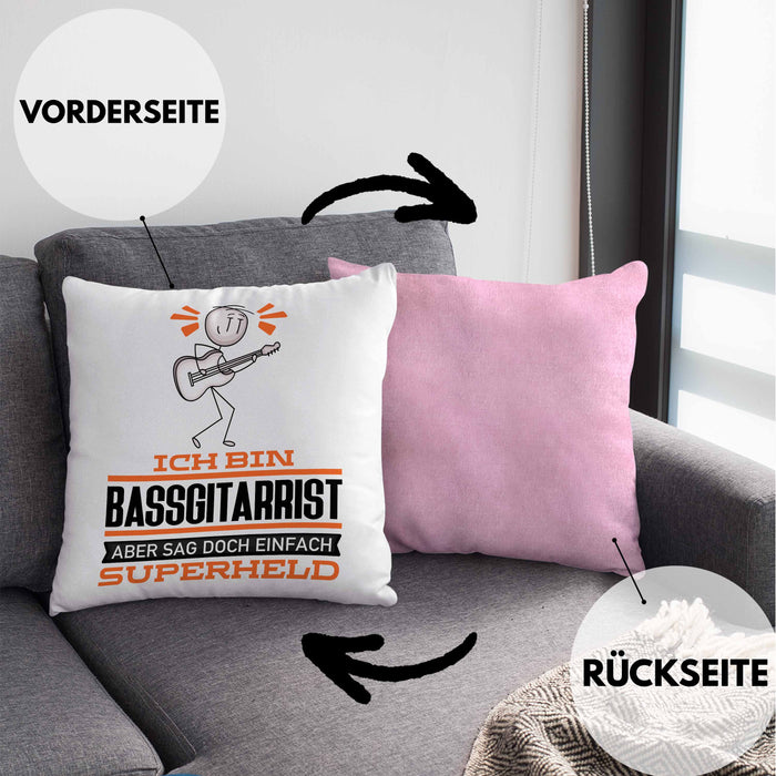 Bassgitarrist Geschenk Kissen mit Füllung 40x40 Ich Bin Bassgitarrist Aber Sag Doch Einfach Superheld Lustige Geschenkdiee für Bassgitarrist (Grau) Rosa Trendation