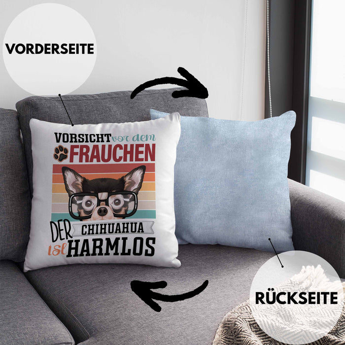 Chihuahua Besitzerin Frauchen Kissen mit Füllung 40x40 Geschenk Lustiger Spruch Geschenkidee Vorsicht Vor Dem Frauchen (Grau) Blau Trendation