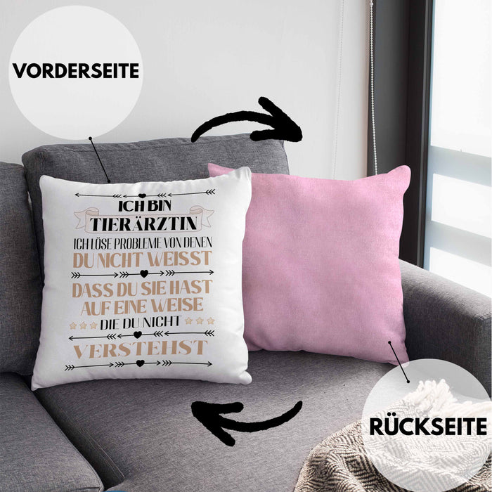 Tierärztin Geschenk Lustiger Spruch Geschenkidee KaffeeKissen mit Füllung 40x40 (Grau) Rosa Trendation