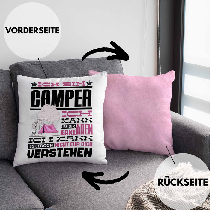 Camper Geschenk Kaffee-Kissen mit Füllung 40x40 Geschenkidee für Camper Ich Bin Camper Ich Kann Es Dir Erklären Jedoch Nicht Für Dich Verstehen Spruch Lustig (Grau) Rosa Trendation