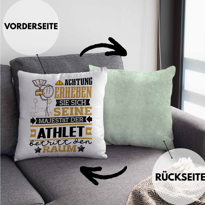 Athlet Geschenk Kissen mit Füllung 40x40 Lustiger Spruch Erheben Sie Sich Der Athlet Betritt den Raum (Grau) Grün Trendation