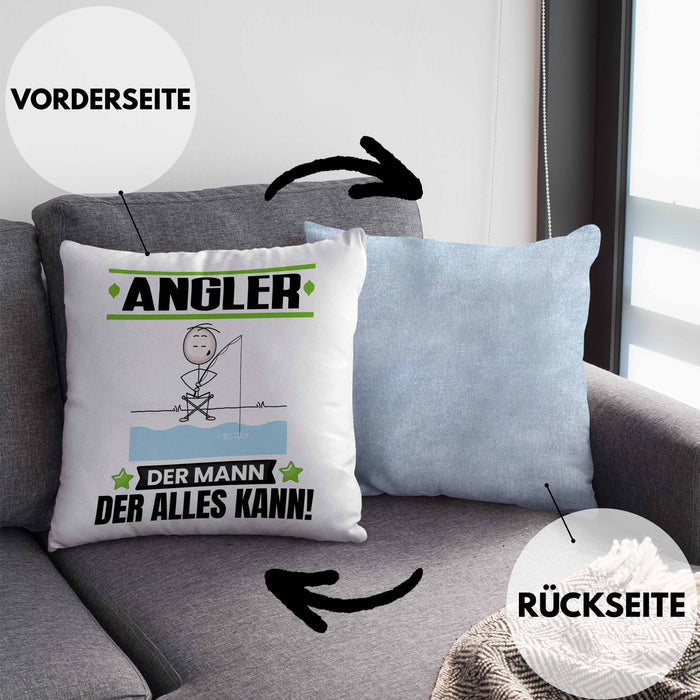 Angler Kissen mit Füllung 40x40 Geschenk für Angler Der Mann Der Alles Kann Geschenkidee zum Geburtstag (Grau) Blau Trendation