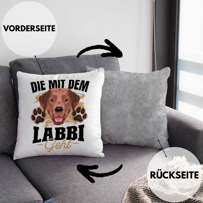 Die Mit Dem Labbi Geht Kissen mit Füllung 40x40 Gassi Gehen Labrador Besitzerin Geschenkidee Frauchen Geschenk (Grau) Grau Trendation