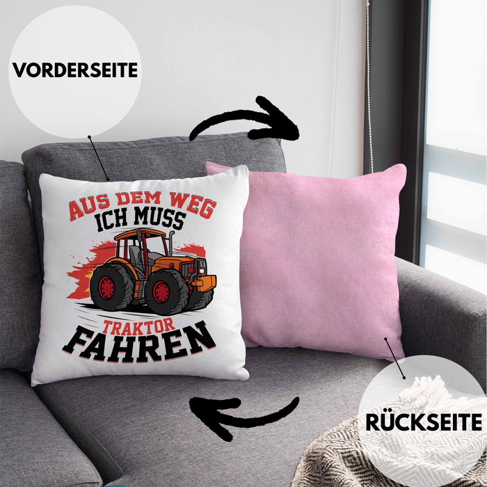 Bauer Landwirt Geschenk Kissen mit Füllung 40x40 Aus Dem Weg Ich Muss Traktor Fahren Geschenkidee Jungs (Grau) Rosa Trendation